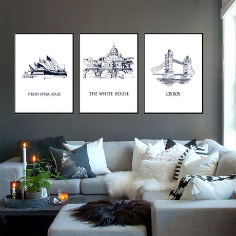 Iconic Capitals Sydney Opera House, The White House, London Bridge 3-Piece Canvas Set