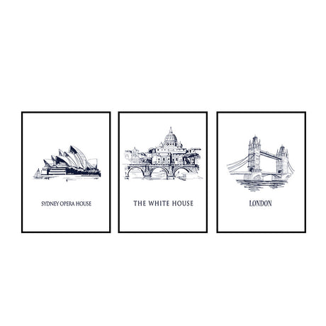 Iconic Capitals Sydney Opera House, The White House, London Bridge 3-Piece Canvas Set