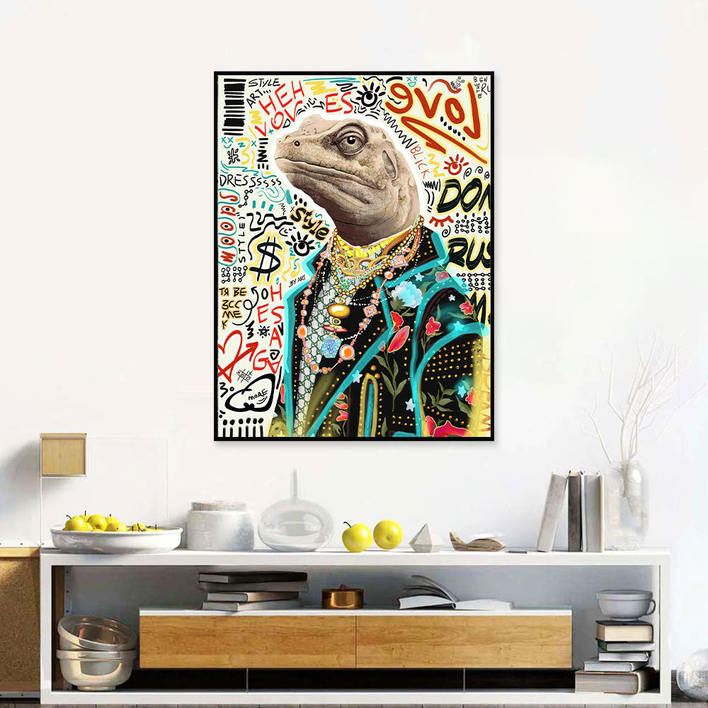 Lizard In Fashion Clothes Graffiti Canvas Wall Art