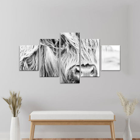 Long-Haired Scottish Highland Cow - Black And White Canvas Wall Art