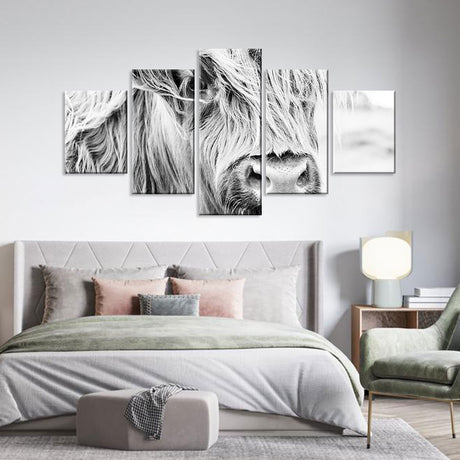 Long-Haired Scottish Highland Cow - Black And White Canvas Wall Art