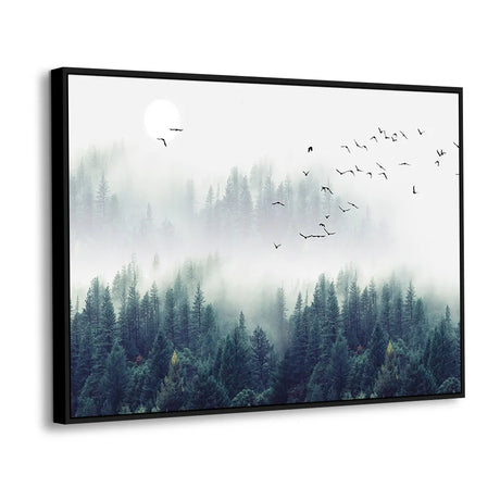 Misty Forest Escape with Birds Canvas Wall Art