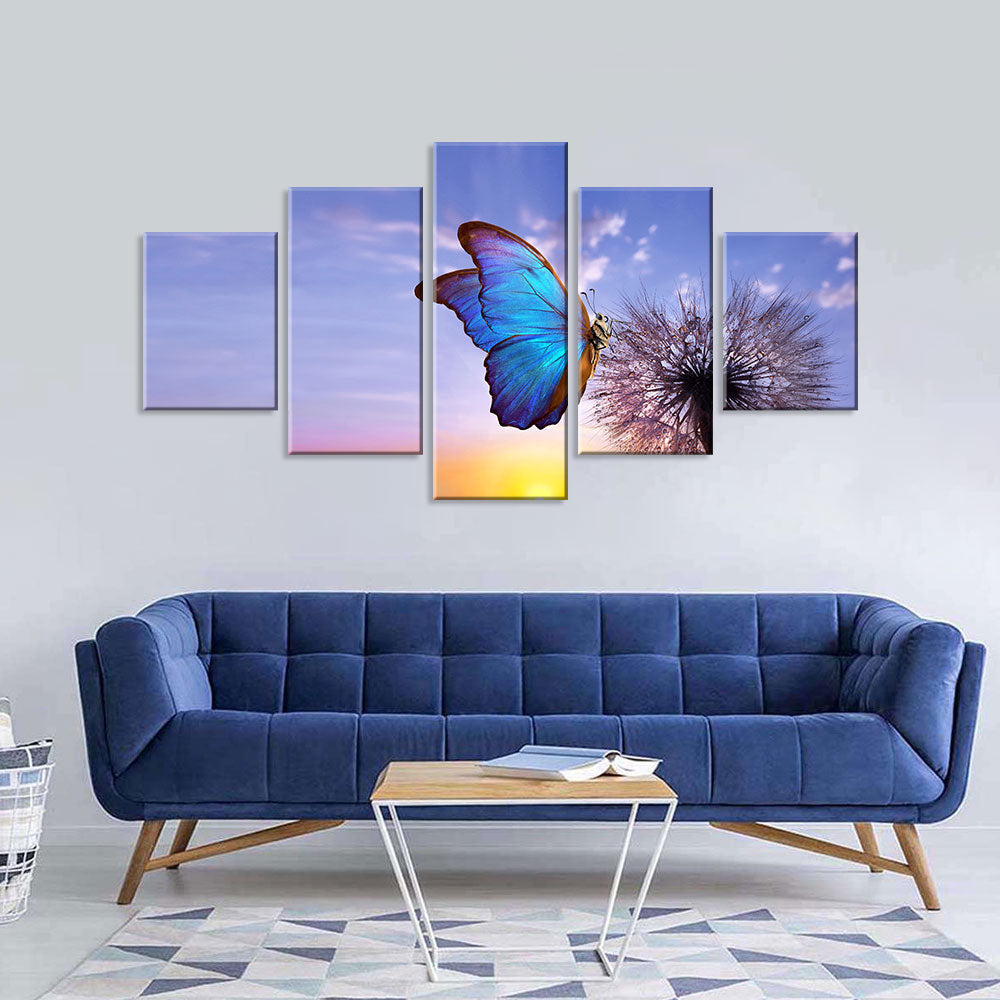 Morpho Butterfly On Dandelion Canvas Wall Art