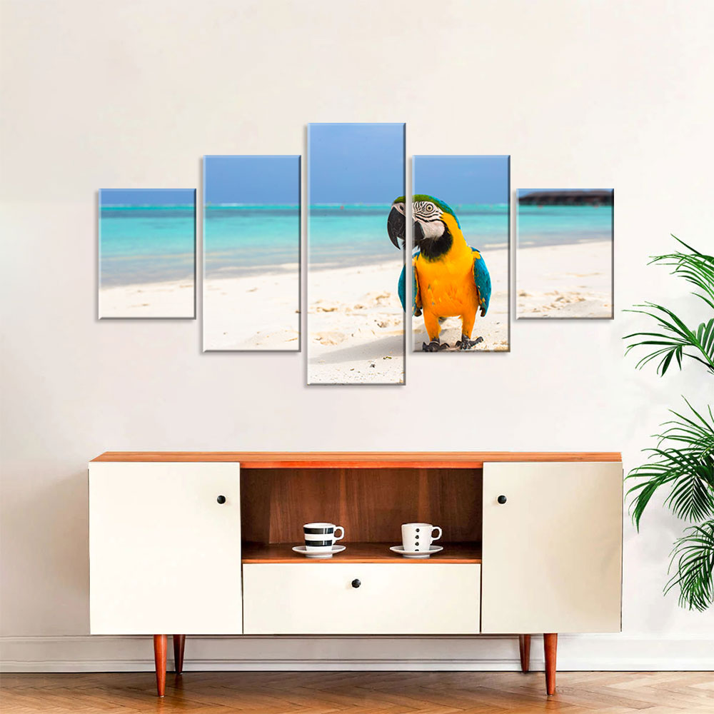 Parrot On Sand Beach Canvas Wall Art