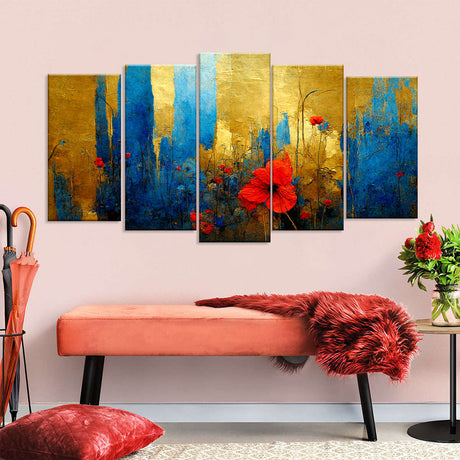 Red Flower in Gold and Blue Canvas Wall Art