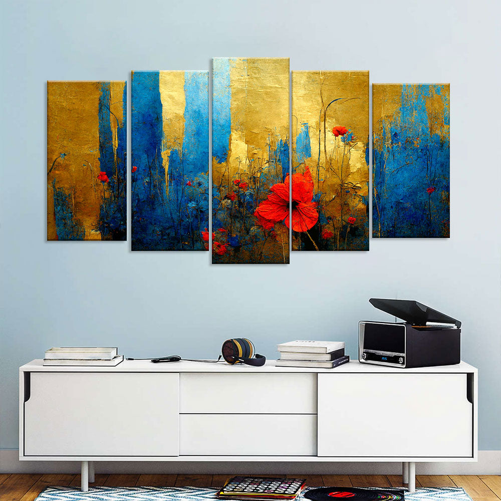 Red Flower in Gold and Blue Canvas Wall Art