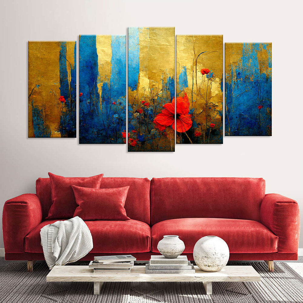 Red Flower in Gold and Blue Canvas Wall Art