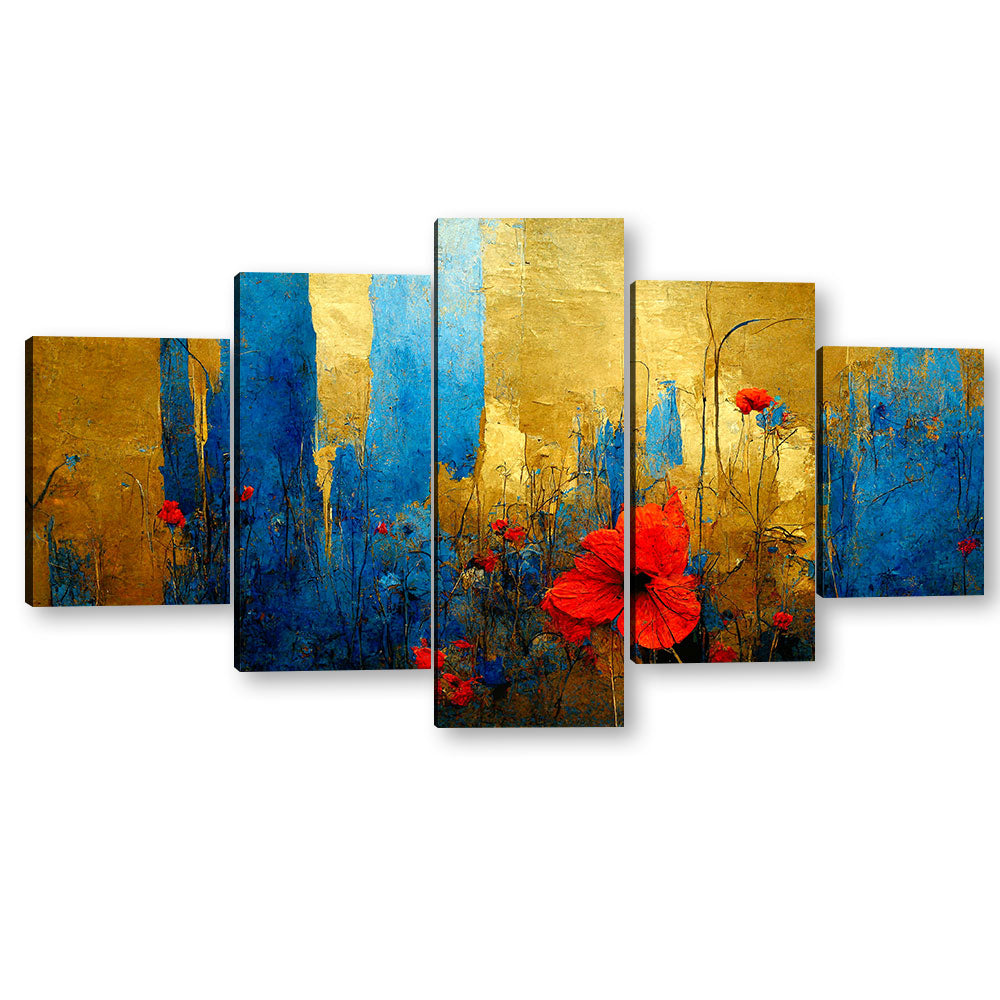 Red Flower in Gold and Blue Canvas Wall Art