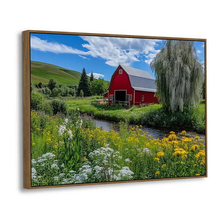 Red Barn With Wildflowers - Tranquil Farmhouse Landscape Canvas Wall Art