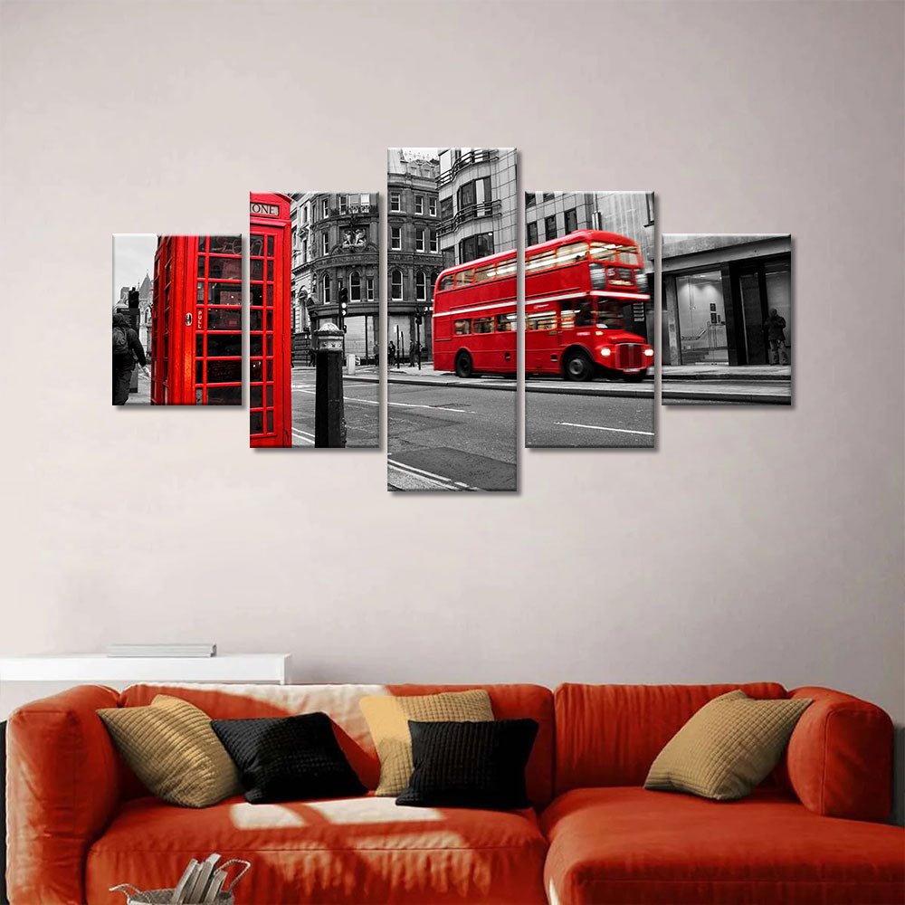 Red Bus In London Street Canvas Wall Art