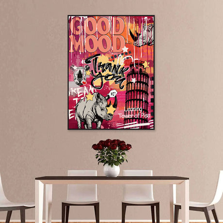 Rhino And Tower Of Pisa Graffiti Canvas Wall Art