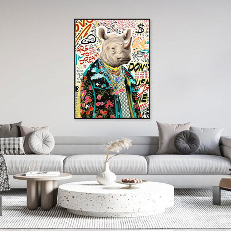 Rhino In Fashion Clothes Graffiti Canvas Wall Art