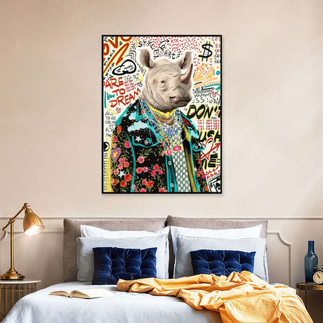 Rhino In Fashion Clothes Graffiti Canvas Wall Art