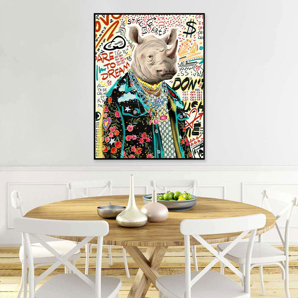 Rhino In Fashion Clothes Graffiti Canvas Wall Art