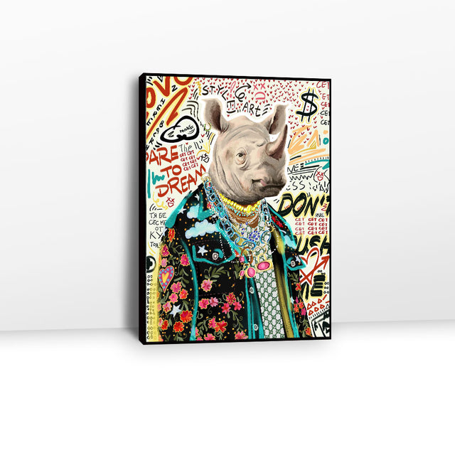 Rhino In Fashion Clothes Graffiti Canvas Wall Art