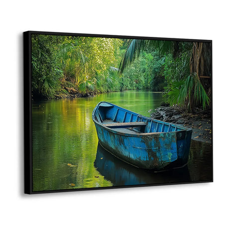 Serene River with Blue Boat Canvas Wall Art