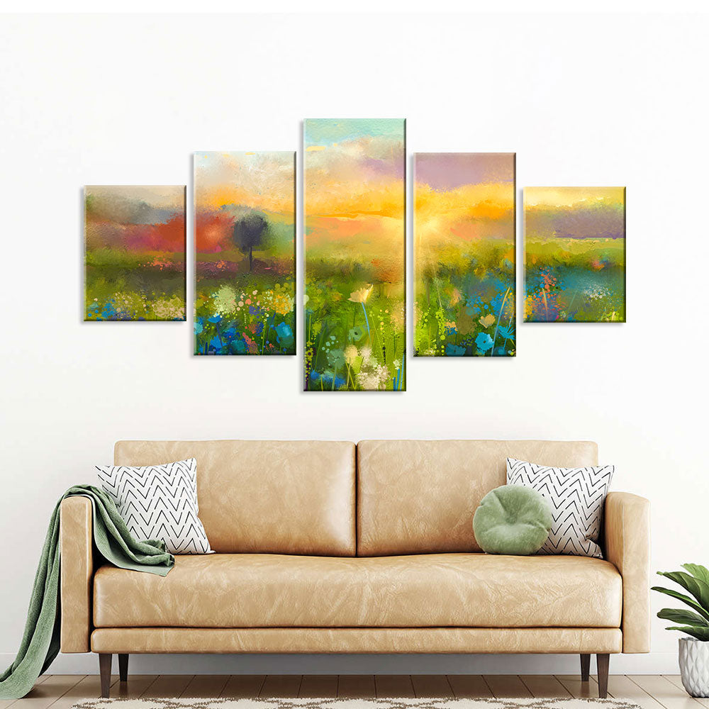 Sunset Meadow Landscape Canvas Wall Art