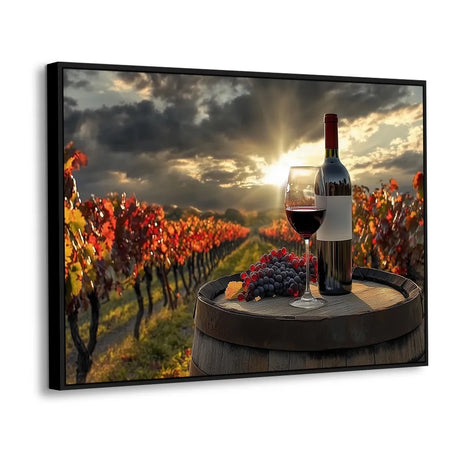 Sunset Vineyard With Wine Bottle And Glass-Canvas Wall Art