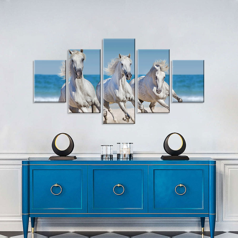 Three White Horses Running On The Beach Canvas Wall Art