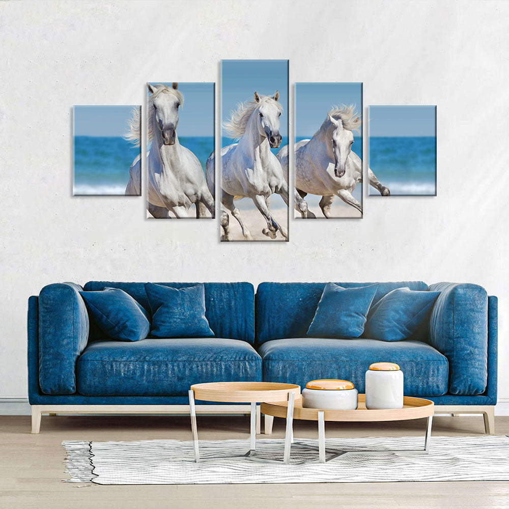 Three White Horses Running On The Beach Canvas Wall Art