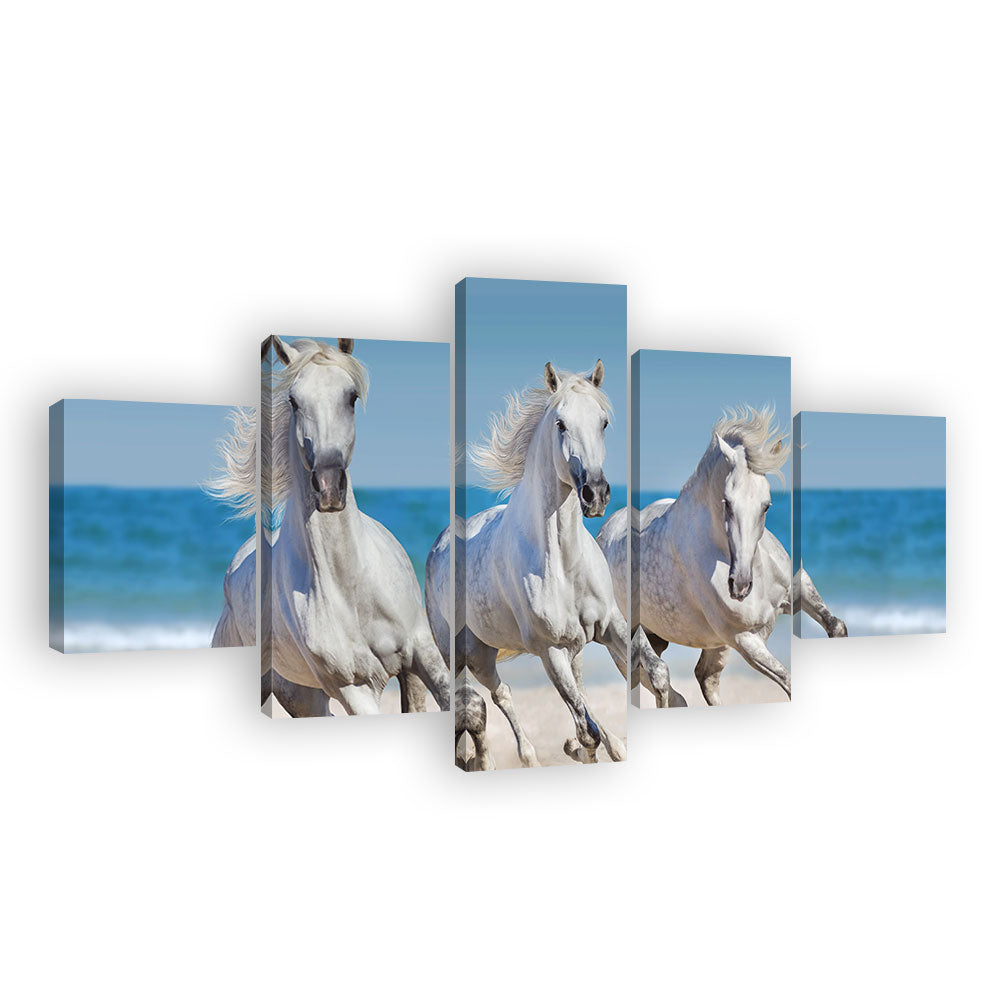 Three White Horses Running On The Beach Canvas Wall Art