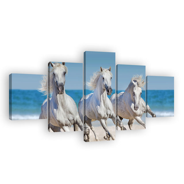 Three White Horses Running On The Beach Canvas Wall Art