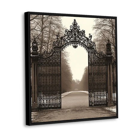 Timeless Elegance: Wrought Iron Gate And Serene Pathway Canvas Wall Art