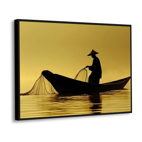 Tranquil Sunrise Reflection - Golden Fisherman Silhouette Canvas Wall Art