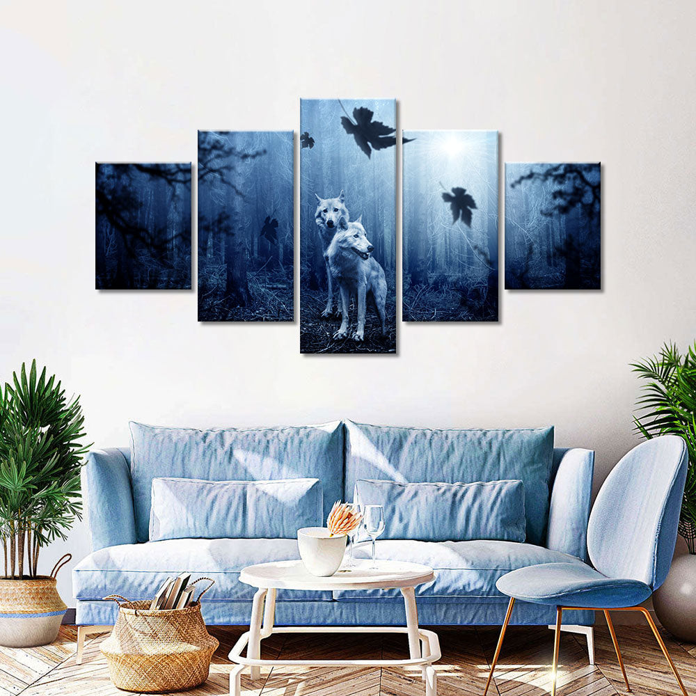 Two Wolves In A Mystic Forest Canvas Wall Art