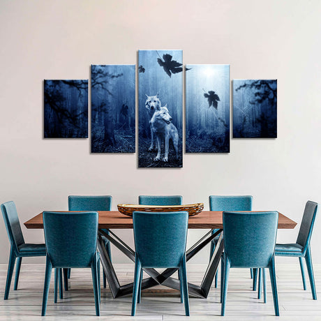 Two Wolves In A Mystic Forest Canvas Wall Art