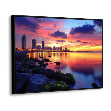 Urban Sunset Serenity: A Skyline By The Water Canvas Wall Art