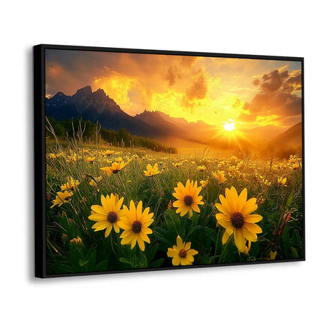 Vibrant Sunset Over a Meadow of Yellow Flowers-Canvas Wall Art
