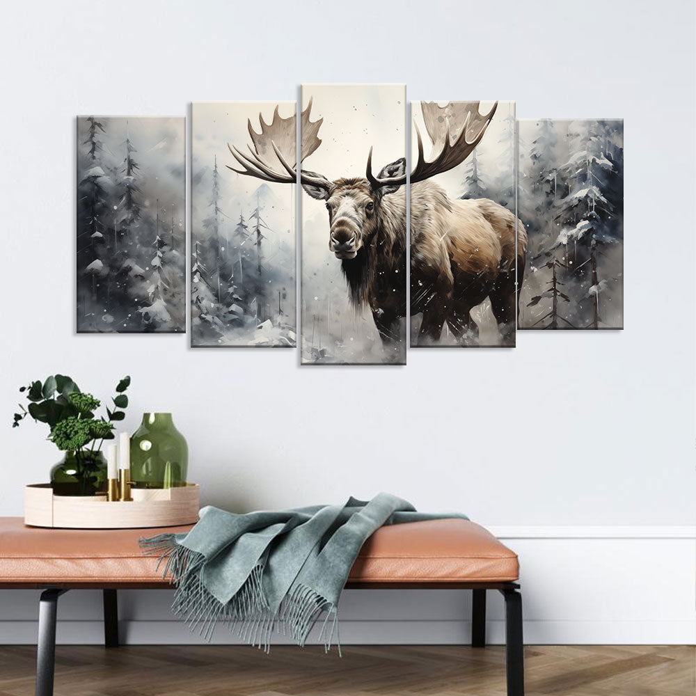 Majestic Moose in Snowy Forest - Multi-Panel Canvas Wall Art