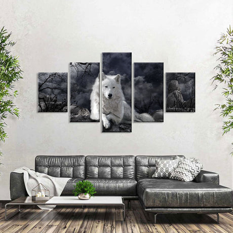 White Wolf In Dark Night Canvas Wall Art