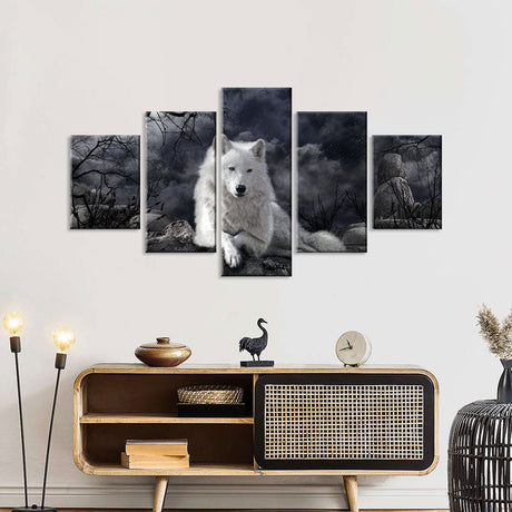 White Wolf In Dark Night Canvas Wall Art