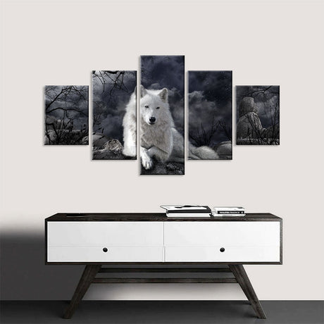 White Wolf In Dark Night Canvas Wall Art