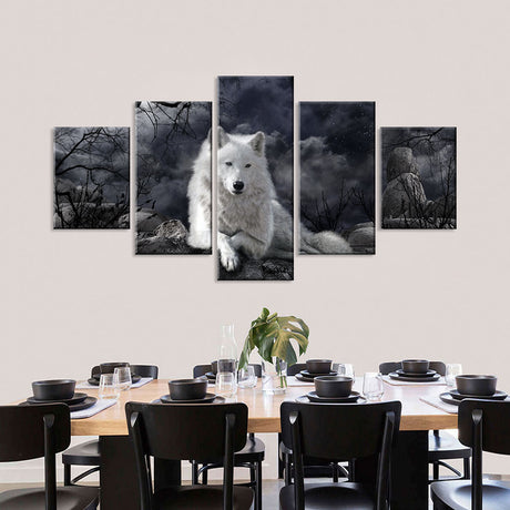 White Wolf In Dark Night Canvas Wall Art