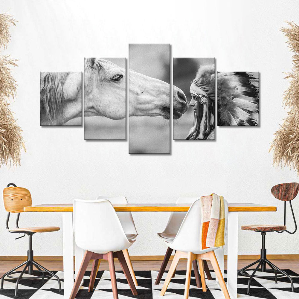 White Horse With Indian Girl Canvas Wall Art