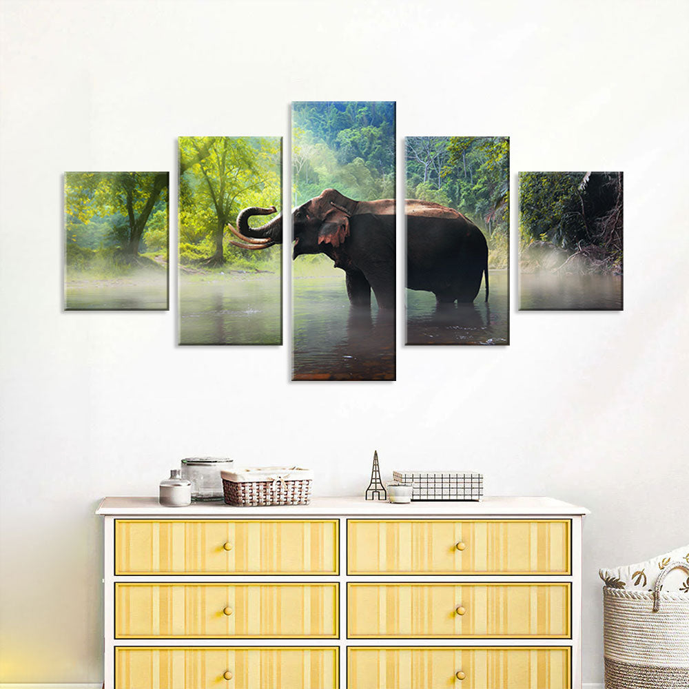 Wild Elephant In Forest Lake Canvas Wall Art