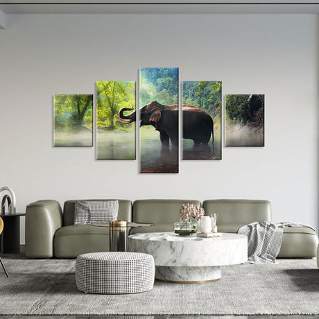 Wild Elephant In Forest Lake Canvas Wall Art