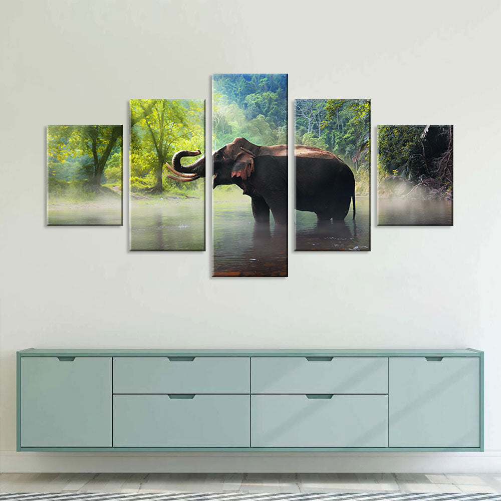 Wild Elephant In Forest Lake Canvas Wall Art