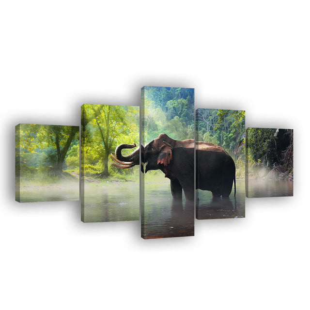 Wild Elephant In Forest Lake Canvas Wall Art