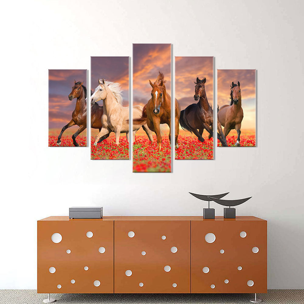 Wild Horses In Sunset Field Canvas Wall Art