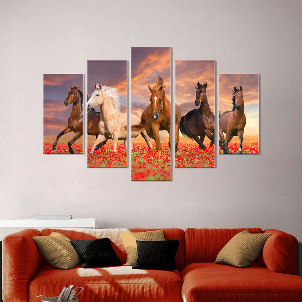 Wild Horses In Sunset Field Canvas Wall Art