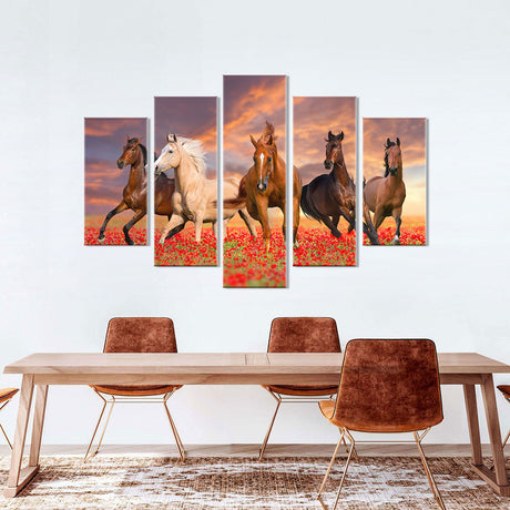 Wild Horses In Sunset Field Canvas Wall Art