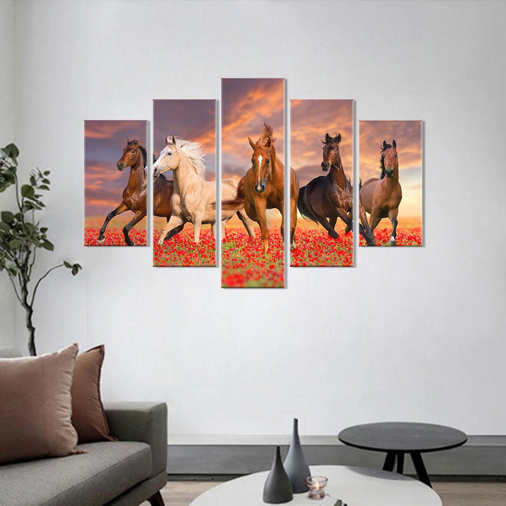 Wild Horses In Sunset Field Canvas Wall Art