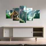 Wild Tiger With Mountain Waterfall Canvas Wall Art