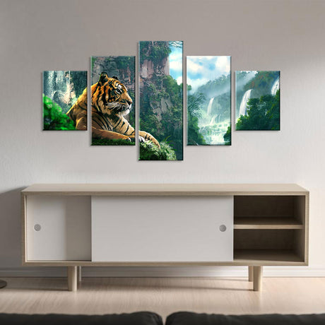 Wild Tiger With Mountain Waterfall Canvas Wall Art