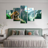 Wild Tiger With Mountain Waterfall Canvas Wall Art