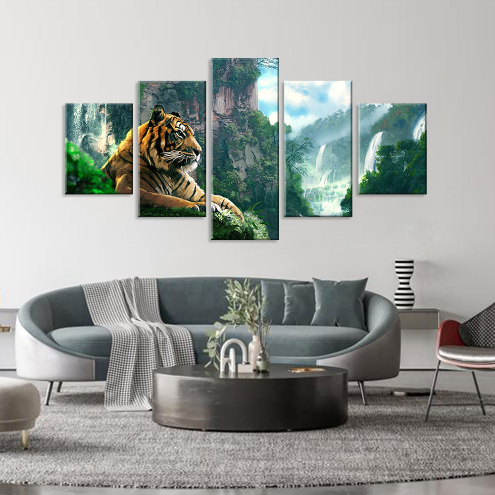 Wild Tiger With Mountain Waterfall Canvas Wall Art